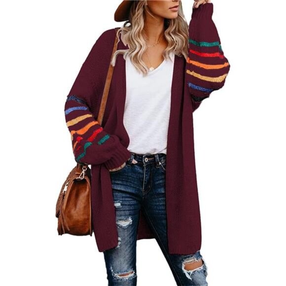 Sweaters - Women's Color Block Striped Open Front Long Cardigan Knit Sweater